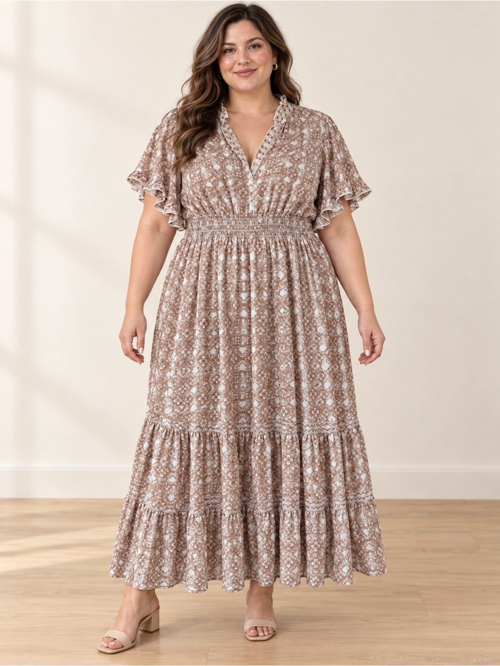 Max studio Plus Floral Tiered Maxi Dress in Taupe